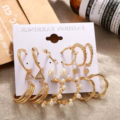 Combo Of 9 Pair Stylish Gold Plated Pearl Hoop , Drop, Tiny and Studs Earrings for Women & Girls