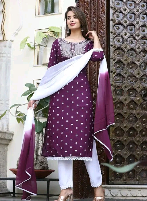 Embroidered rayon 3 pc kurta set