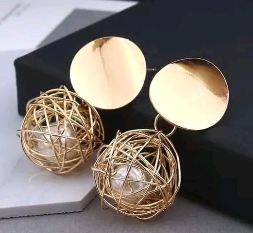 Round Gold Pearl Ball Earrings