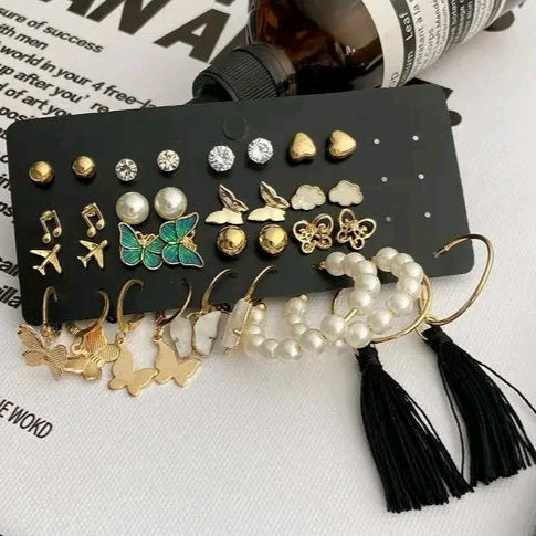 Combo of 17 Earrings for Girls and Women Gold Plated Pearl and Stone Studded Alloy Earring Set