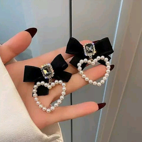 Gold Plated Korean Style Black Bow Faux Pearl Heart Decor Earrings For Women & Girls