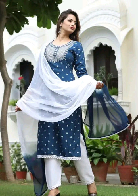 Embroidered rayon 3 pc kurta set
