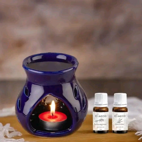 Oil Burner Candle Diffuser for Home Fragrance, with 1 T-Light & 2 10 ml Aroma Oil-Fragrance Lemon Grass & Lavender (Blue Diffuser Pot)