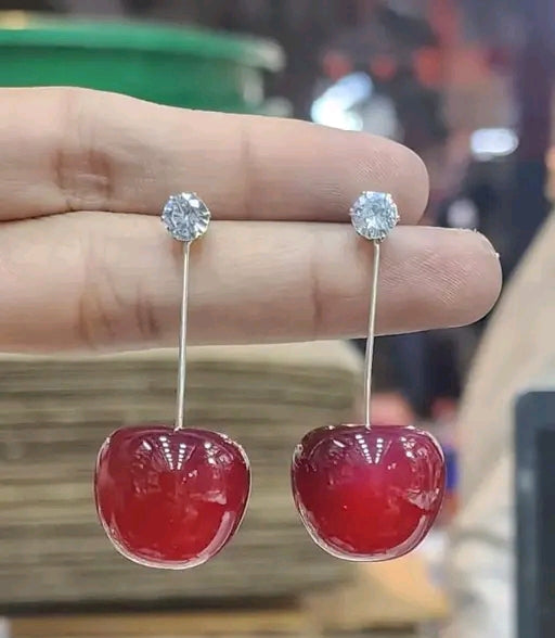Korean trendy beautiful princess red cherry earrings
